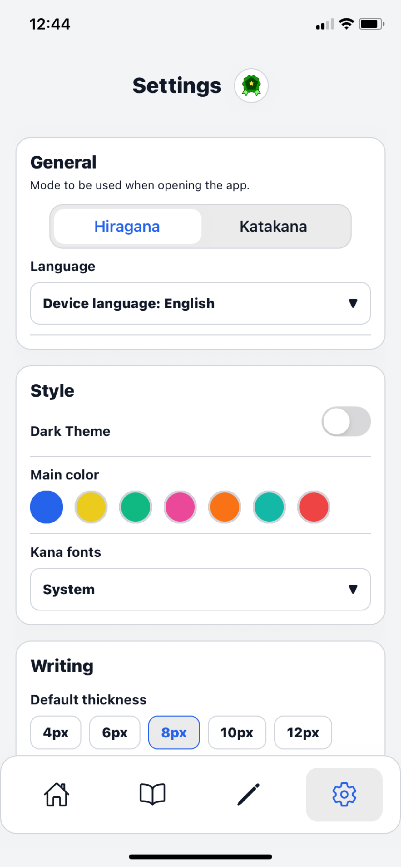 KanaKata Settings screen